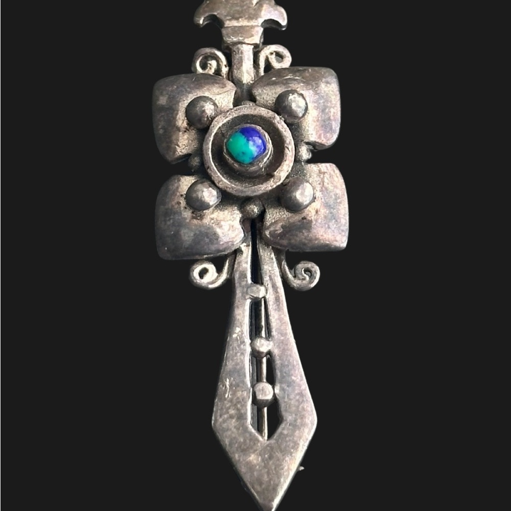 Sterling Azurite and Malachite Floral Sword Brooch